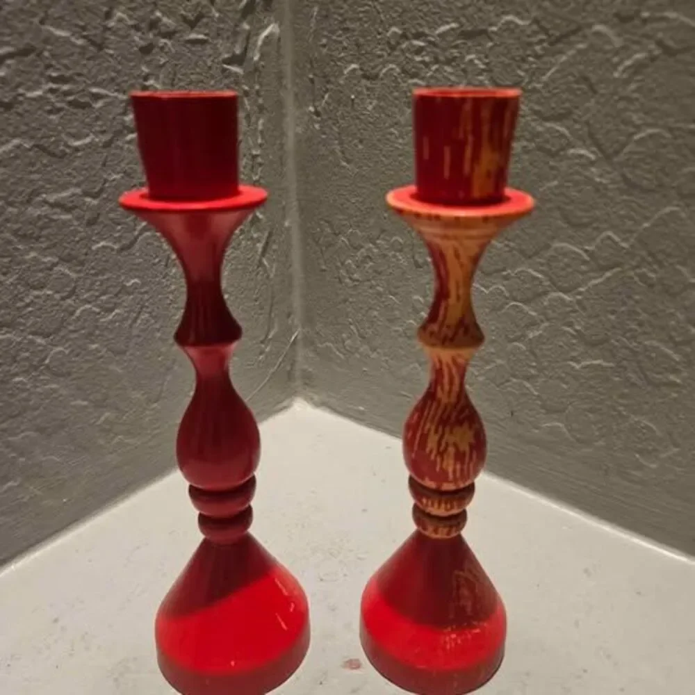 Pair of Red Rustic Wooden Candlestick Holders Made in Germany